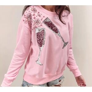 WHY‎ DRESS Champagne Glass Embellished Sweatshirt in Pink, NWT